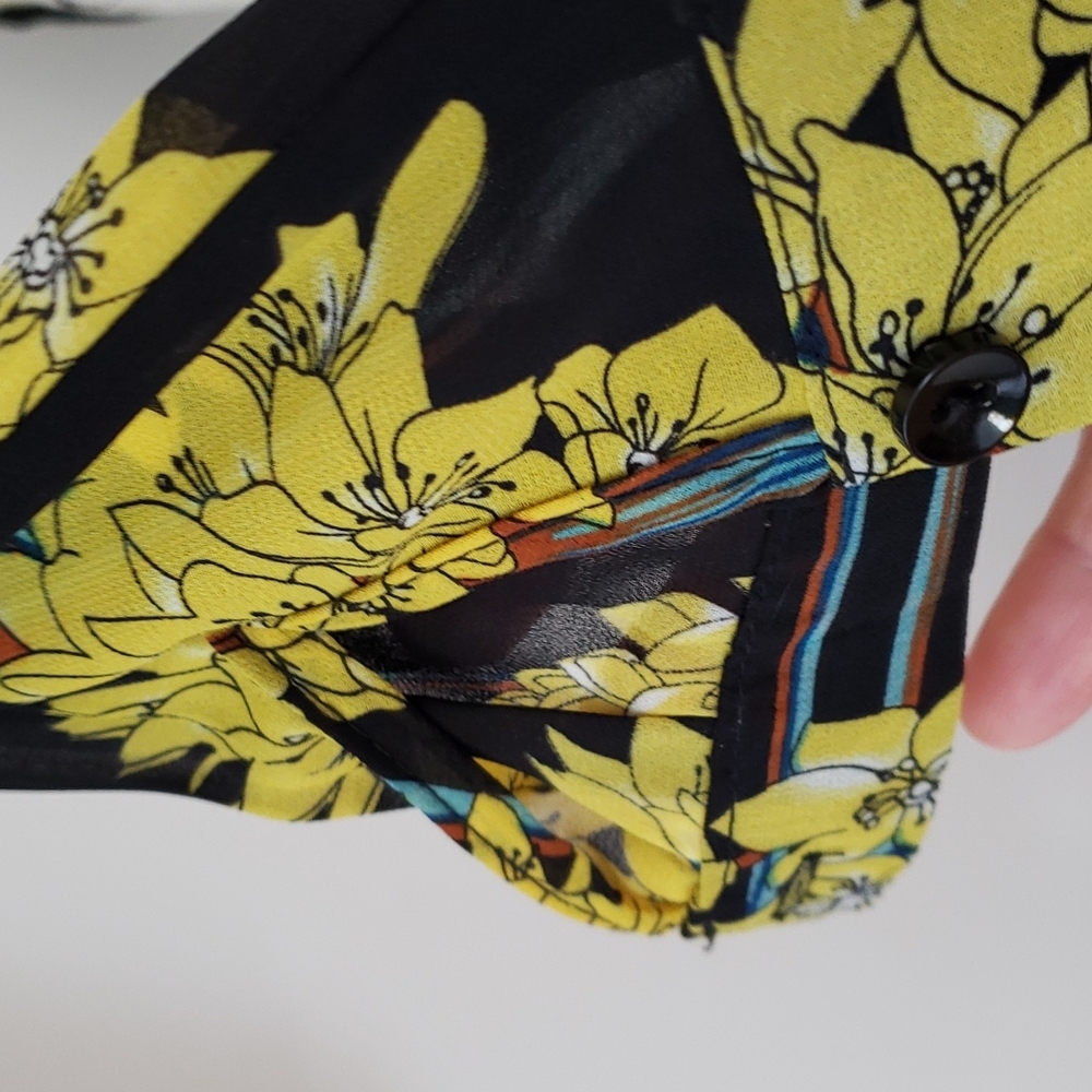 Urban Coco long sleeve sheer black Yello floral button blouse; Size small - Picture 6 of 16